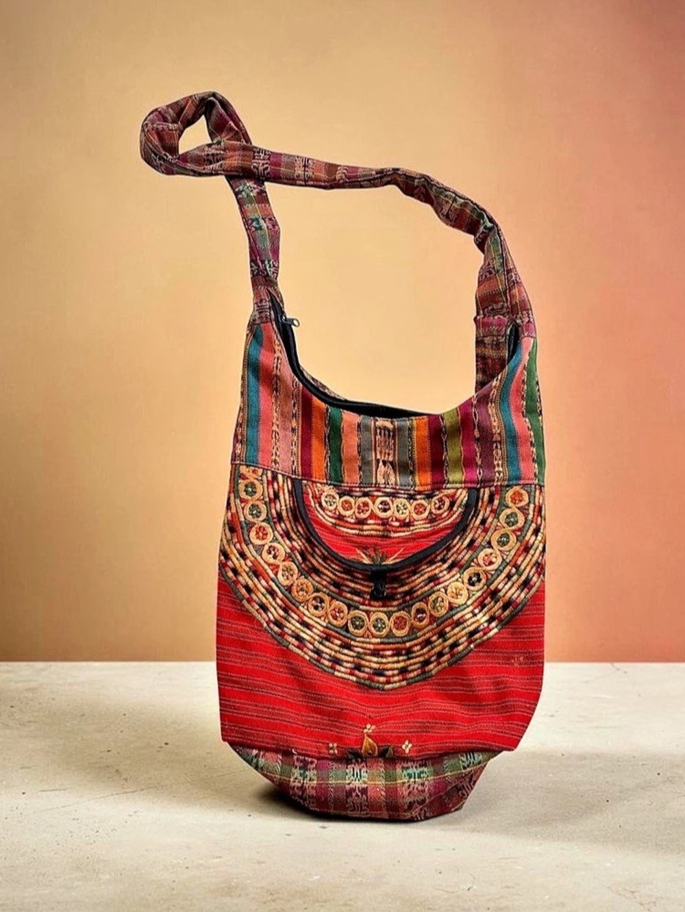 Bohemian Embroidered Geometric Bag in Red & Green